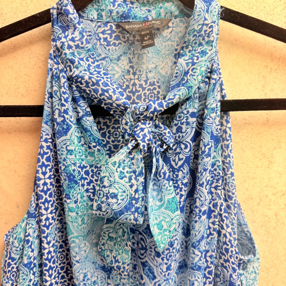 Banana Republic 6P Blue White Light Resort Core Halter Neck Sleeveless Dress - Picture 6 of 16